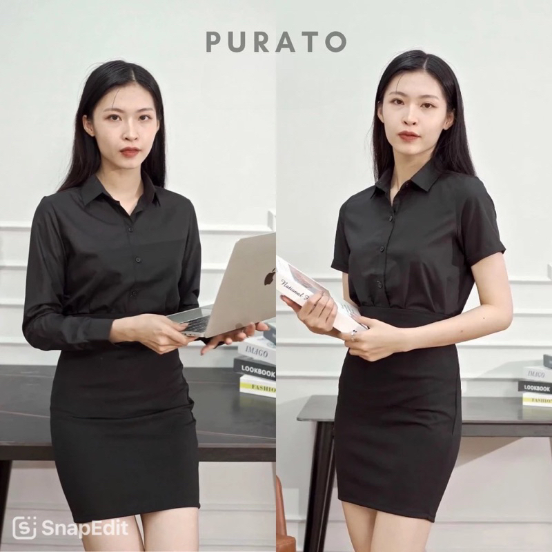 PURATOS EXCLUSIVE PHOTOS - เสื้อเชิ้ตสีดําแขนยาวและแขนสั้นมีทั้งหมด ผ้าฝ้ายไหมนุ่มและริ้วรอย ไม่ต้อง