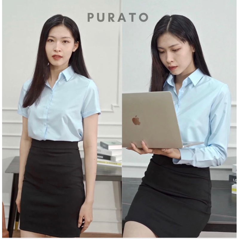 PURATOS EXCLUSIVE PHOTOS - เสื้อเชิ้ตสํานักงานสีฟ้าอ่อนของผู้หญิงโดยไม่มีริ้วรอย ไม่มีเสื้อด้านในสัม