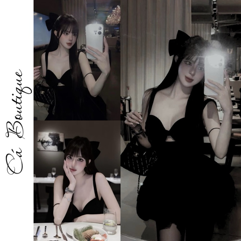 เดรสกํามะหยี่เว้าผูกโบว์สายบาน2เส้น(พร้อมกางเกงถอด)ปลา บูติก