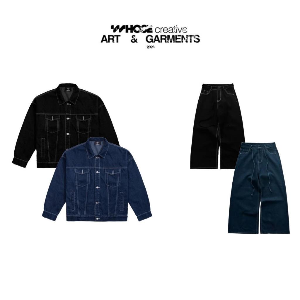 [COMBO] DENIM ON DENIM SET - ชุดเสื้อและกางเกงยีนส์สีขาวสําหรับผู้ชายและผู้หญิง Hoes Studio