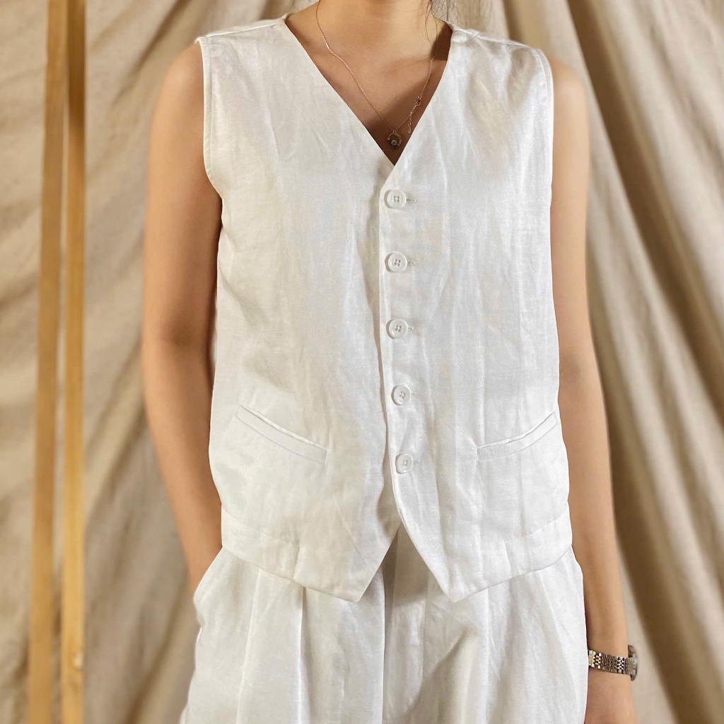 แฟชั่นสีขาว Tencel Linen Gilet A4105 TYMLIC