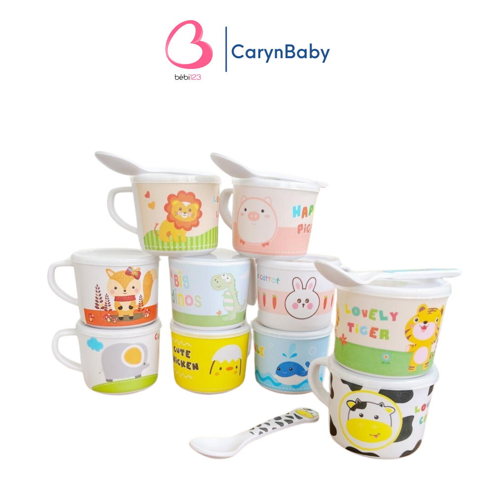 ชุดแก้วพร้อมช้อนใยไผ่ ฝาชักโครกรูปสัตว์ ถ้วยมีหูจับสําหรับเด็กทารก CarynShop