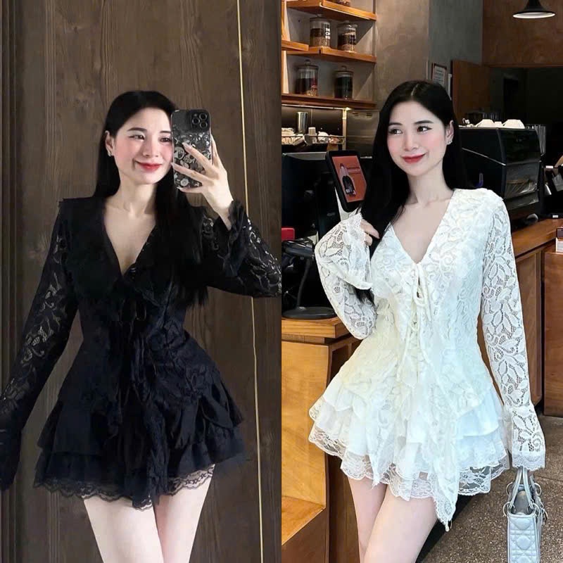 เดรส ชุด ออกแบบด้วยผ้าลูกไม้ดอกไม้ 2 ชั้น คอวีลึก ปกแหลม ผูกโบว์ แขนบาน กระโปรงเอวยางยืดบาน