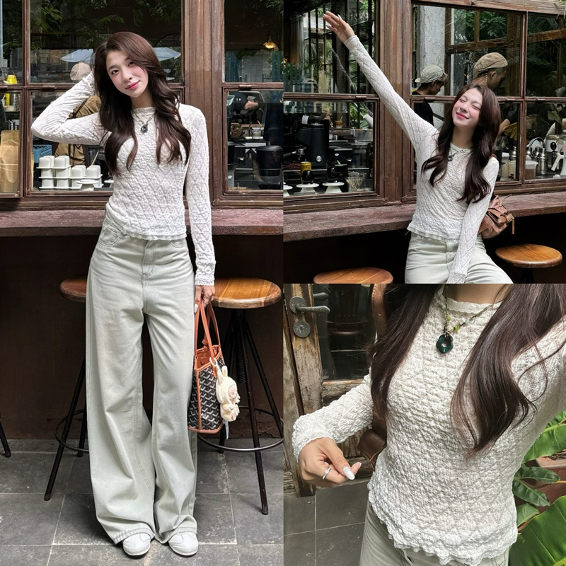 (OLDSCHOOL Photo) THIN LIGHT เสื้อลูกไม้แต่งลูกไม้ลายดอกไม้และแขนยาว QC Kenco เสื้อผ้า