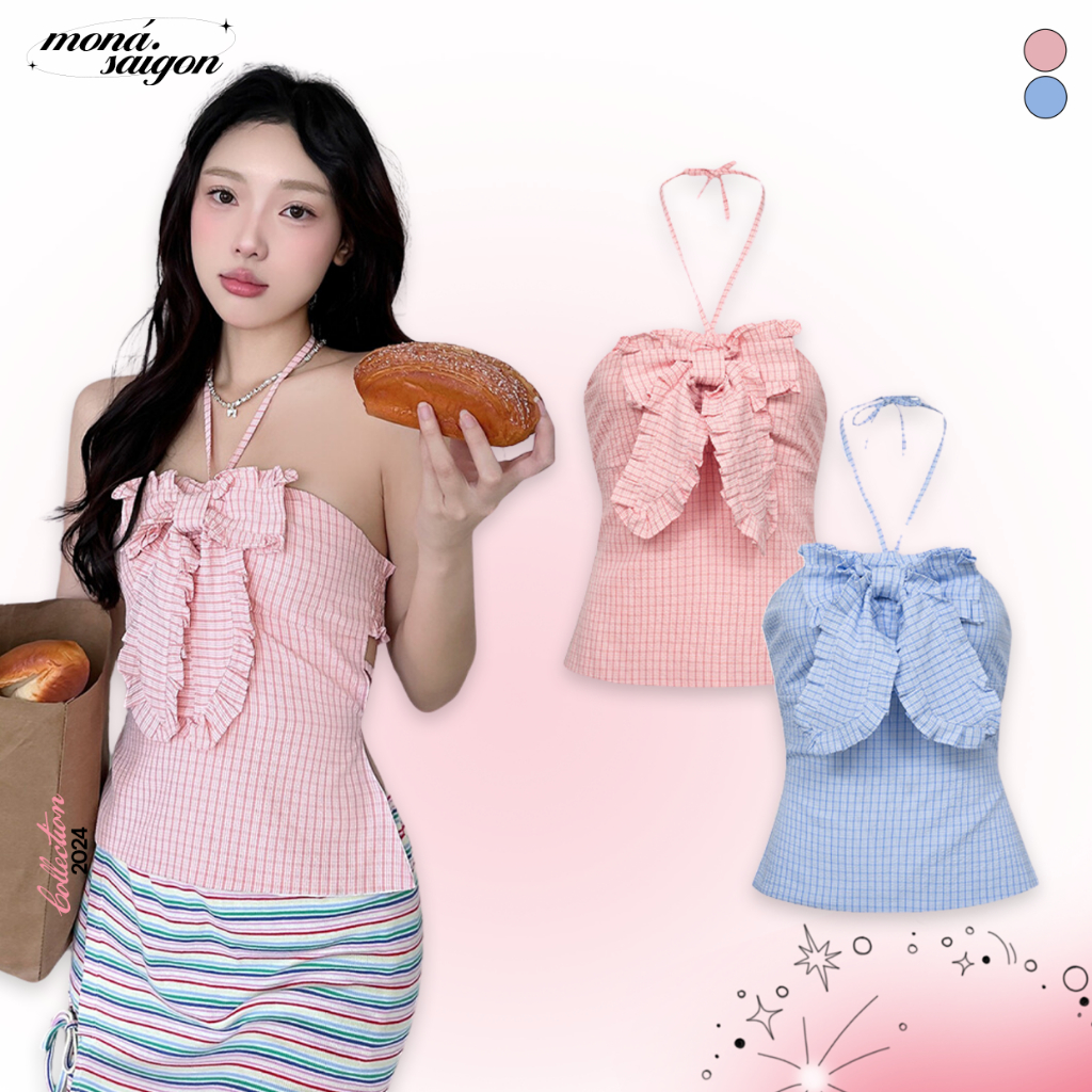 เสื้อชั้นในสตรีลายตารางหมากรุกผูกโบว์ MON-ROLA
