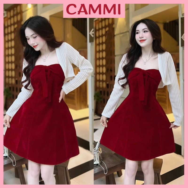 ชุดเดรสกํามะหยี่ รวมกระโปรงสั้น A-Line Velvet Bow 2-Strap + คาร์ดิแกนชุดว่ายน้ําสีขาว HB199