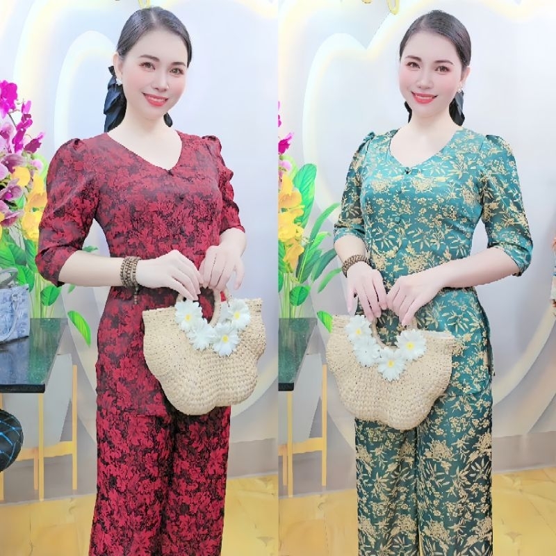 Ba Ba Ba Brocade Set - คุณภาพสูง 2-Skin Silk Brocade Ba Set - รุ่นคอเต่าพร้อมแขนพัฟและซิปหลัง - นุ่ม