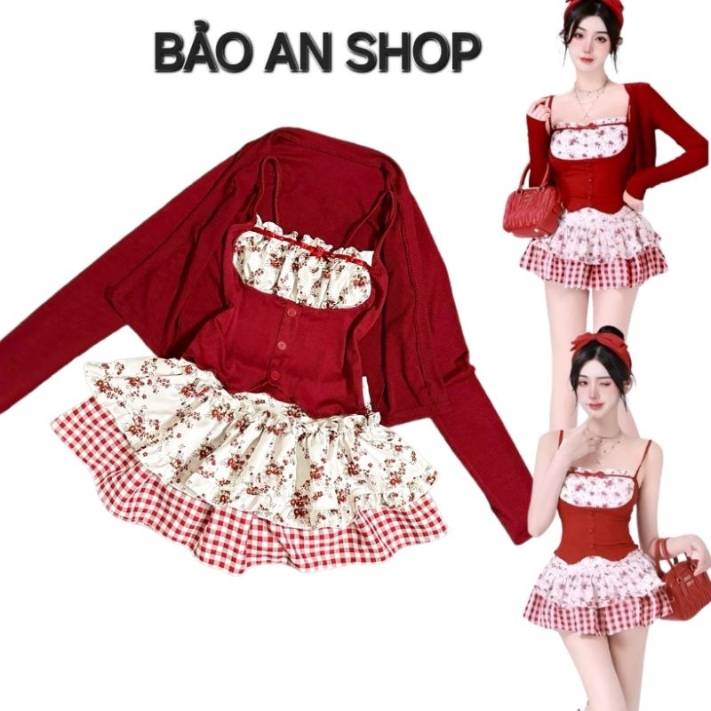 เปา หนึ่ง ร้านค้า - [สบ-58] ชุดสตรีเสื้อลายดอกไม้ 2 ชิ้นและกระโปรงลายดอกไม้ 2 ชั้นพร้อมเอวก้อนชุดช้างของผู้หญิงกระโปรงสีแดงด้านบนฟรีไซส์ภายใต้ 54 กก