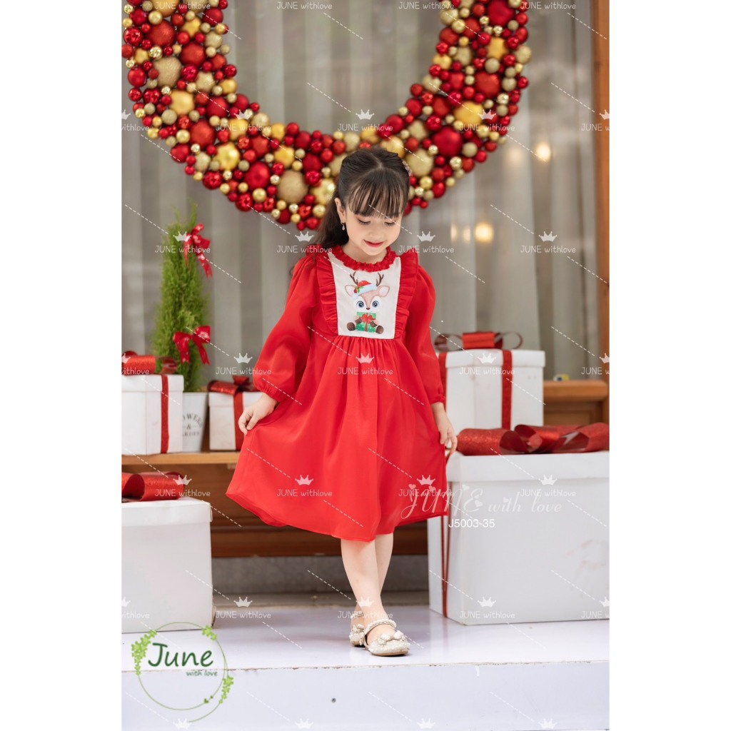 JUNE WITH LOVE เดรสคริสต์มาสแขนยาวสีแดง ลายกวางเรนเดียร์ น่ารักมาก สําหรับเด็กทารก 10-40kg