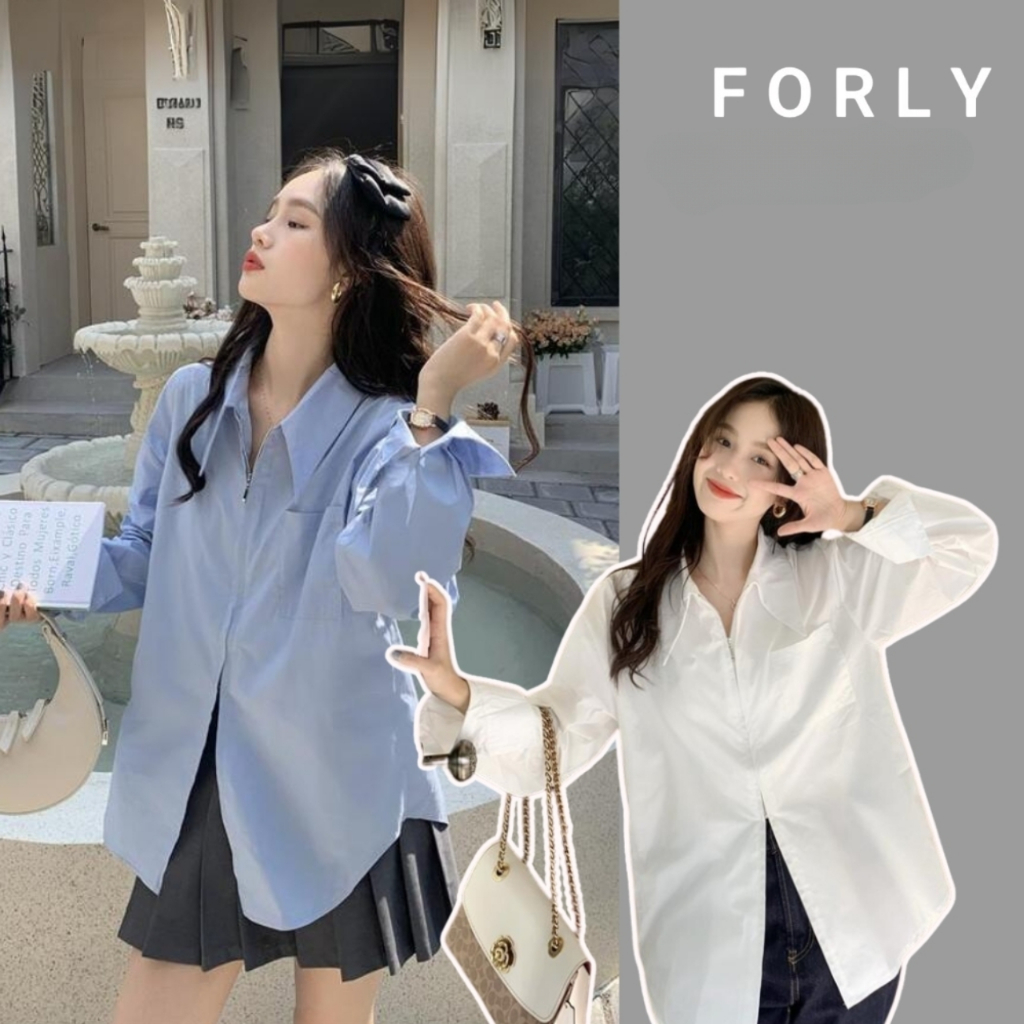 Forlystudio เสื้อเชิ้ตซิปยาวผู้หญิง เสื้อคอปกเยอรมันหลวม FG004