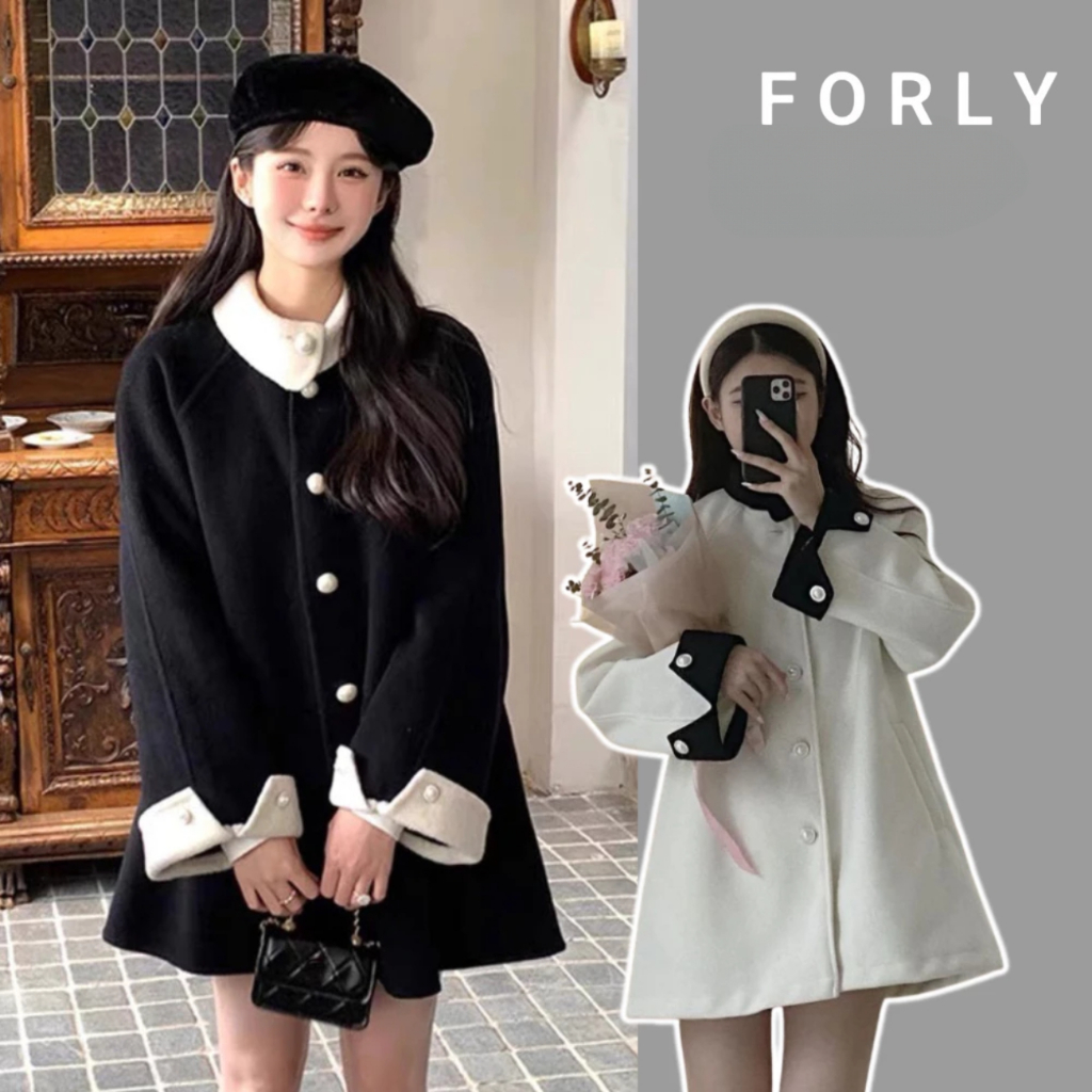 เสื้อโค้ทกันหนาว Miss Forly ทรงตรงยาว คอปกเปิด กระดุมมุก T005