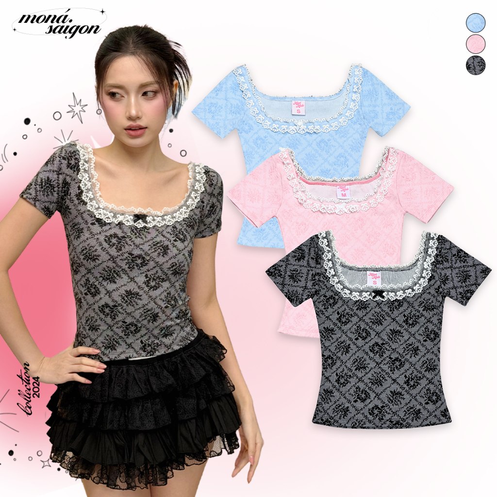 เสื้อยืดคอเหลี่ยมผู้หญิงลูกไม้และยางยืดผ้าวูลลายนูน จันทร์ - วินตี้