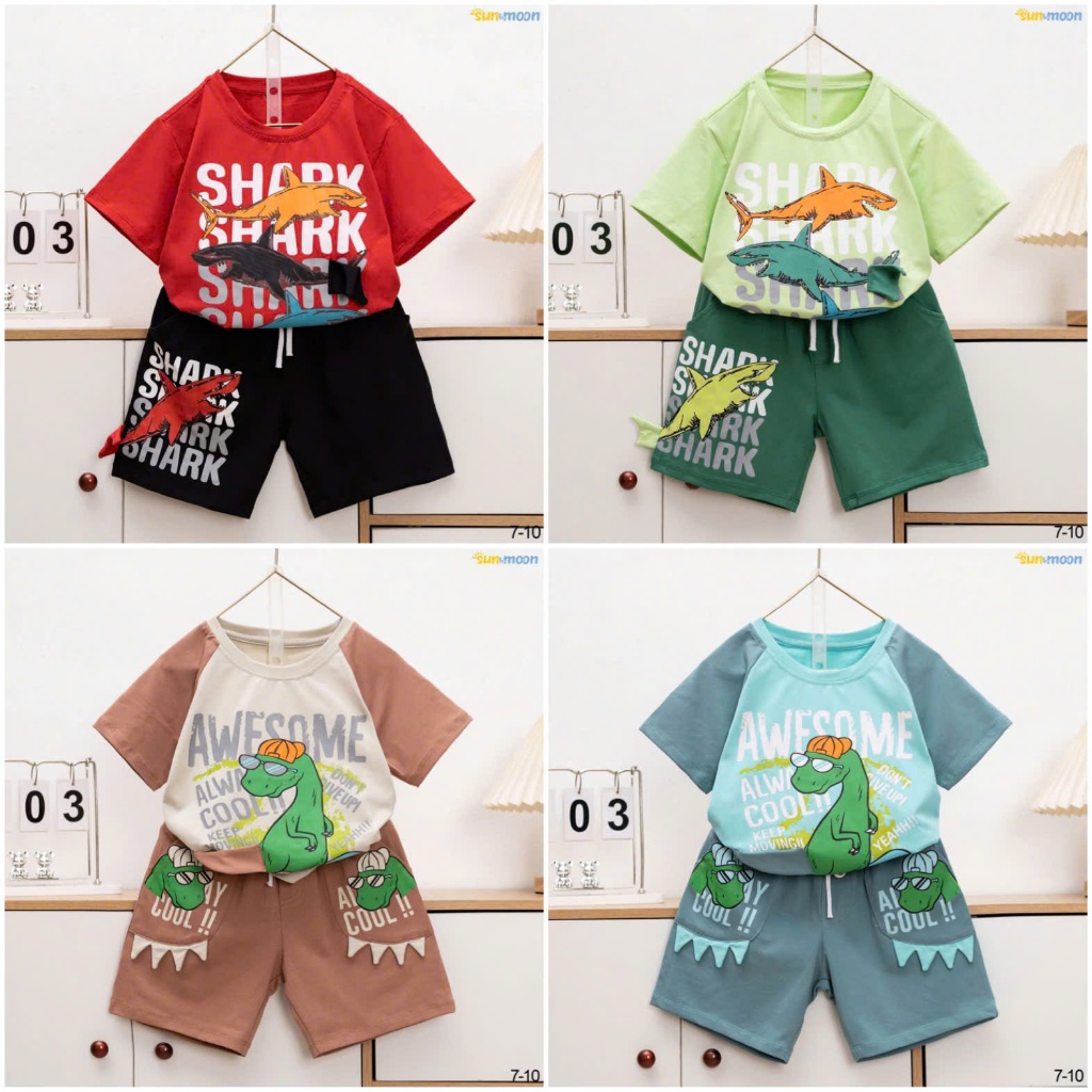 ชุดเสื้อยืดผ้าฝ้ายพิมพ์ลาย Baby Shark และ Dinosaur สําหรับเด็กผู้ชาย