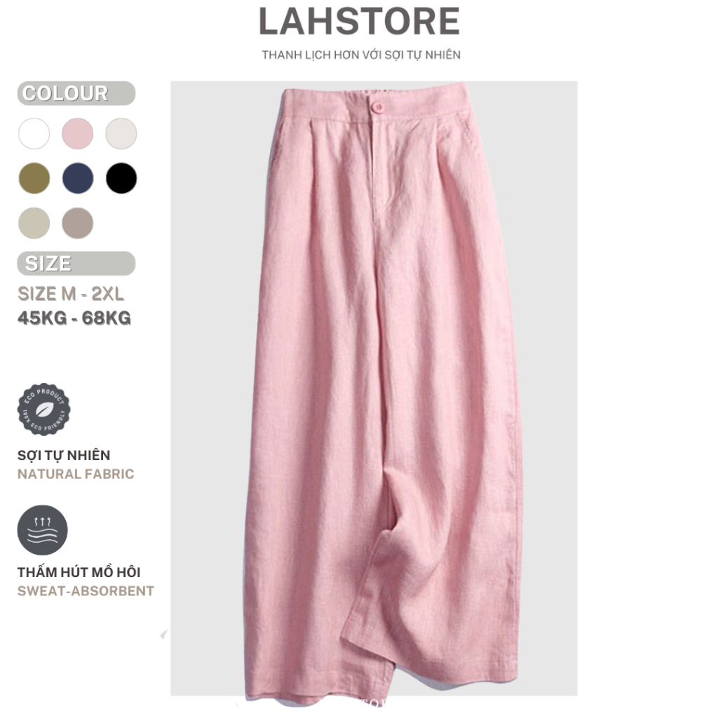 Lahstore กางเกงทรงตรงผ้าลินินดิบระดับพรีเมียมพร้อมเป้าสั้นและเอวยางยืด QD01 (ชมพู, ดํา, ขาว, เบจ)
