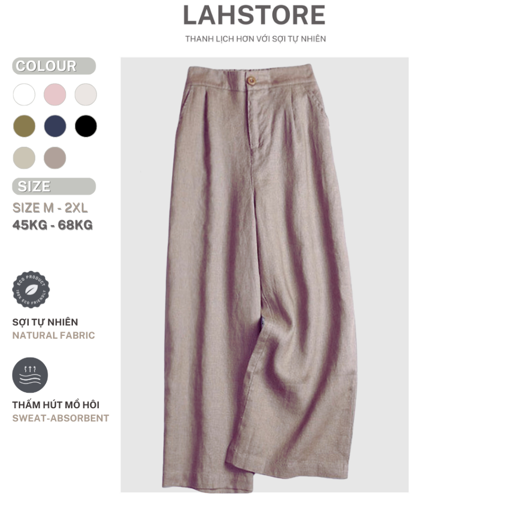 LAHSTORE กางเกงขากว้างทรงหลวมผ้าลินินเอวสูงและเอวยางยืด QD01 (Dark Beige, Black, White, Pink)
