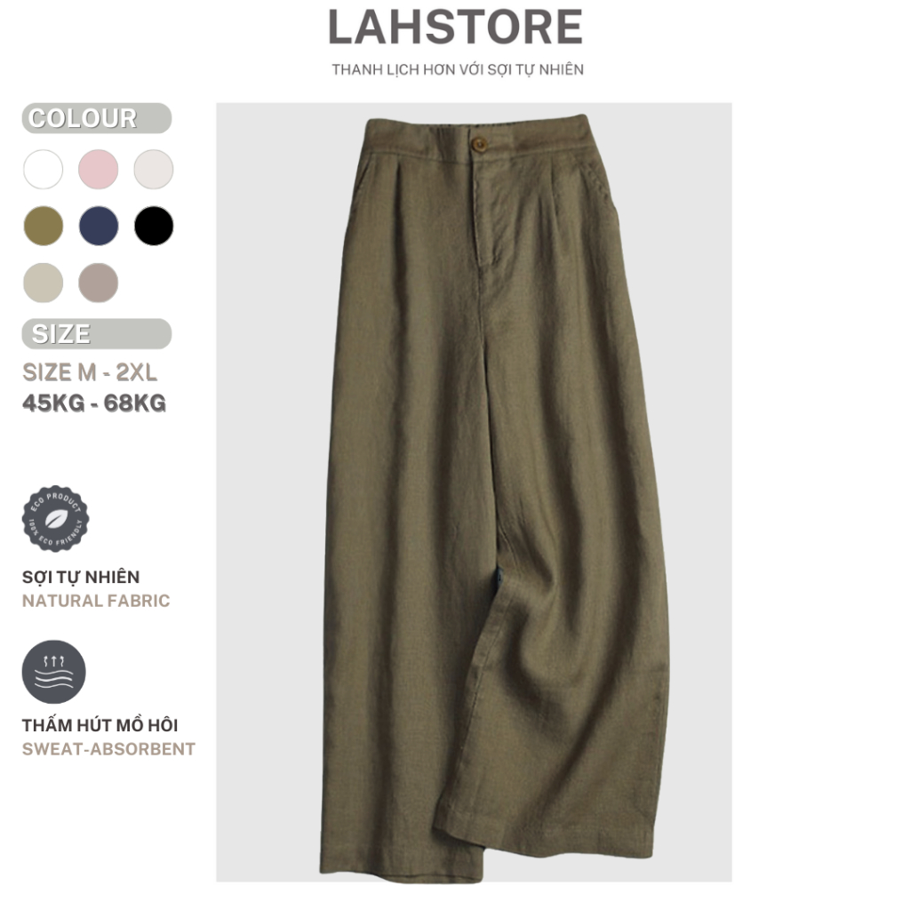 LAHSTORE กางเกงลินินขากว้าง เอวยางยืด เอวสูง สไตล์ออฟฟิศ QD01 (Moss Green)