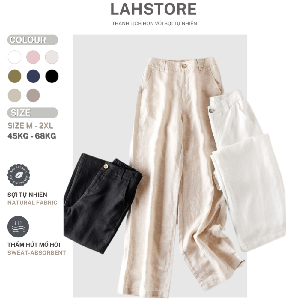 LAHSTORE กางเกงลินินขากว้างเอวสูงและเอวยางยืด QD01 (สีดํา, ขาว, เบจ, ชมพู)