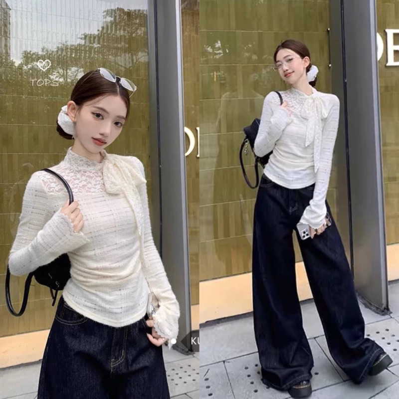 [สินค้า Qc L1 - AVAILABLE] เสื้อยืด LONG-SLEEVE LACE WITH BOW TIE SUPER BEAUTIFUL KUMI BEAUTIFUL LADY