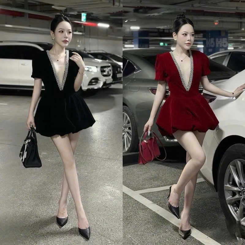 เดรสผ้ากํามะหยี่ทึบคอลึกและพลอยเทียมอกสวยเหมือนแบบ