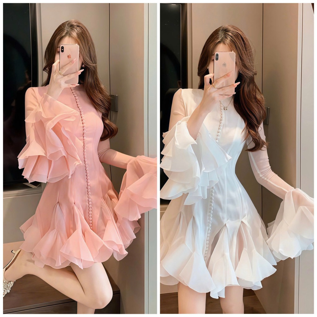 เดรสสั้นเลดี้แขนบานและกระดุมหลายชั้น, สินค้าดีไซน์ Hotgirl คุณภาพสูง - XT.Fashion