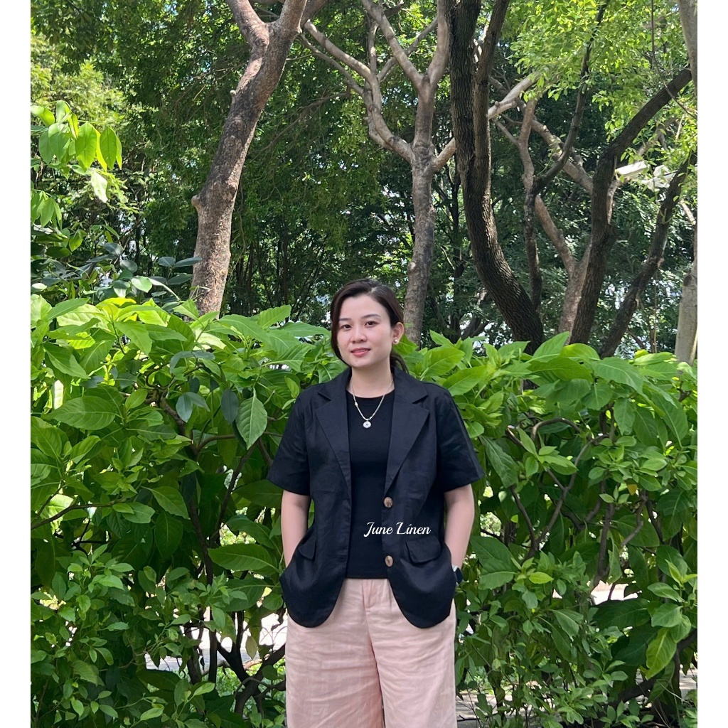 [June Linen] เบลเซอร์แขนสั้นทรงหลวม LINEN TUNG PREMIUM สําหรับผู้หญิง มีกระเป๋า 2 ใบ หลากสี.A17