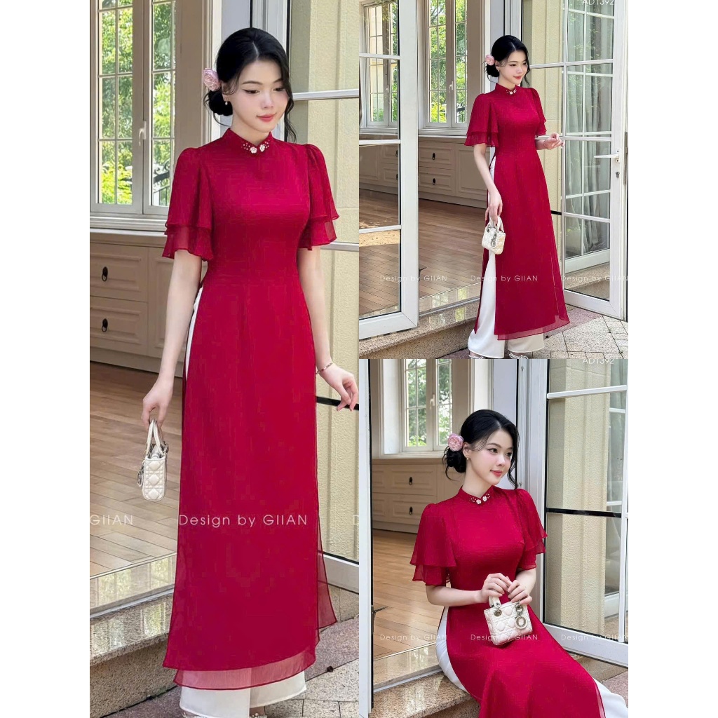 ชุดสีแดงธรรมดา ไปที่ ได กับคอเต่าและดอกเล็กแขนสั้นพองชีฟองผ้าไหมรวมกับกางเกงผ้าไหมคุณภาพสูงสีเดียวกับรุ่นใส่