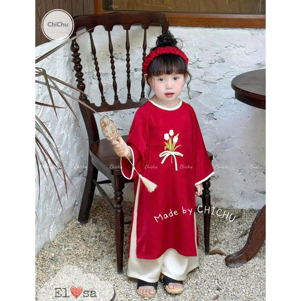 (Ao Dai สําหรับเด็กผู้หญิง) RED Ao Dai ปักดอกไม้ (แถมแผง) annakids