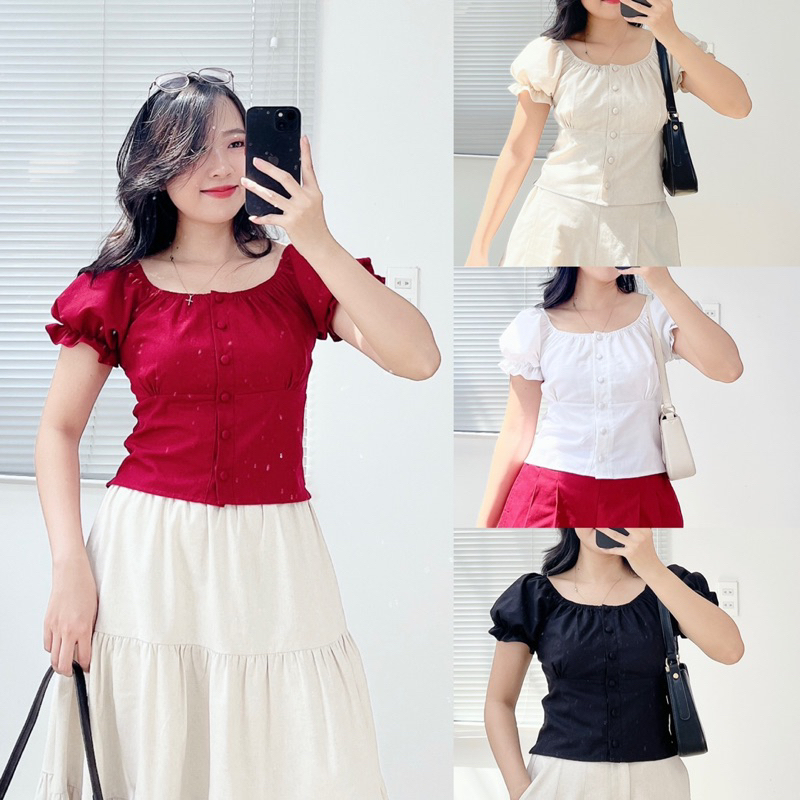 เสื้อครอปผ้าลินินแขนพองและกระดุม - Ellie Top