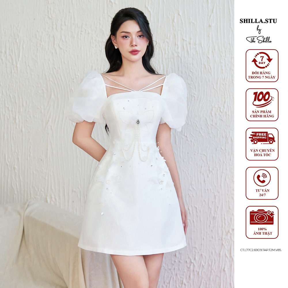 ชุดเดรสดีไซเนอร์ระดับไฮเอนด์สีขาวแขนพองและแต่งหรูหรา [รูปถ่ายจริง] The Shilla-CT.L77C2.69D9.TAP.T2M.