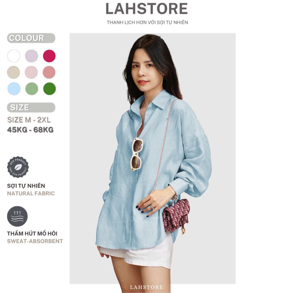 เสื้อเชิ้ตแขนยาวทรงหลวมสําหรับผู้หญิง Lahstore ในผ้าลินินดิบระดับพรีเมียม ดีไซน์พื้นฐานอเนกประสงค์ (สีน้ําเงิน)