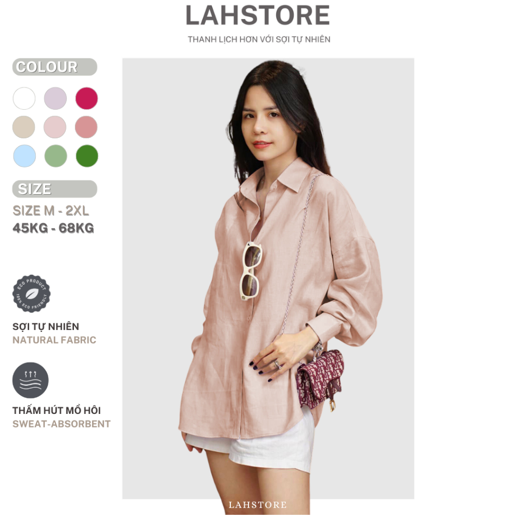 LAHSTORE เสื้อเชิ้ตแขนยาวทรงหลวมสําหรับผู้หญิงในผ้าลินินดิบระดับพรีเมียมดีไซน์พื้นฐานอเนกประสงค์ ASM01 (สีชมพูนู้ด)