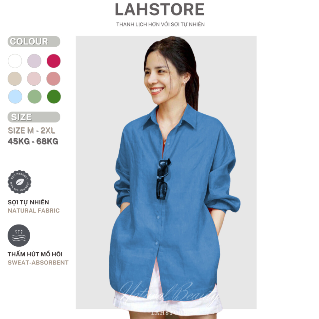 LAHSTORE เสื้อเชิ้ตแขนยาวผู้หญิงหลวมในผ้าลินินดิบระดับพรีเมียมการออกแบบพื้นฐานอเนกประสงค์ ASM01 (Cobalt Blue)