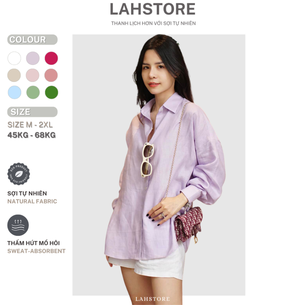 LAHSTORE เสื้อเชิ้ตผ้าลินินทรงหลวมแขนยาวผู้หญิงดีไซน์พื้นฐานอ่อนเยาว์และไดนามิก ASM01 (สีม่วง ชมพู ขาว น้ําเงิน)