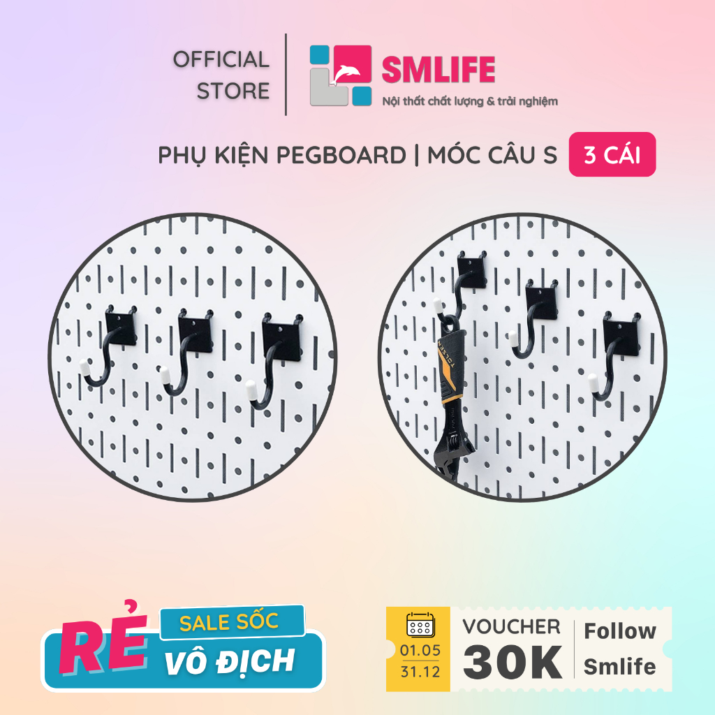 ชุดเหล็กเคลือบแป้งที่ทันสมัย 3 ชิ้น S Pegboard SMLIFE ตะขอ - อุปกรณ์เสริมที่แขวนเครื่องมือ Pegboard