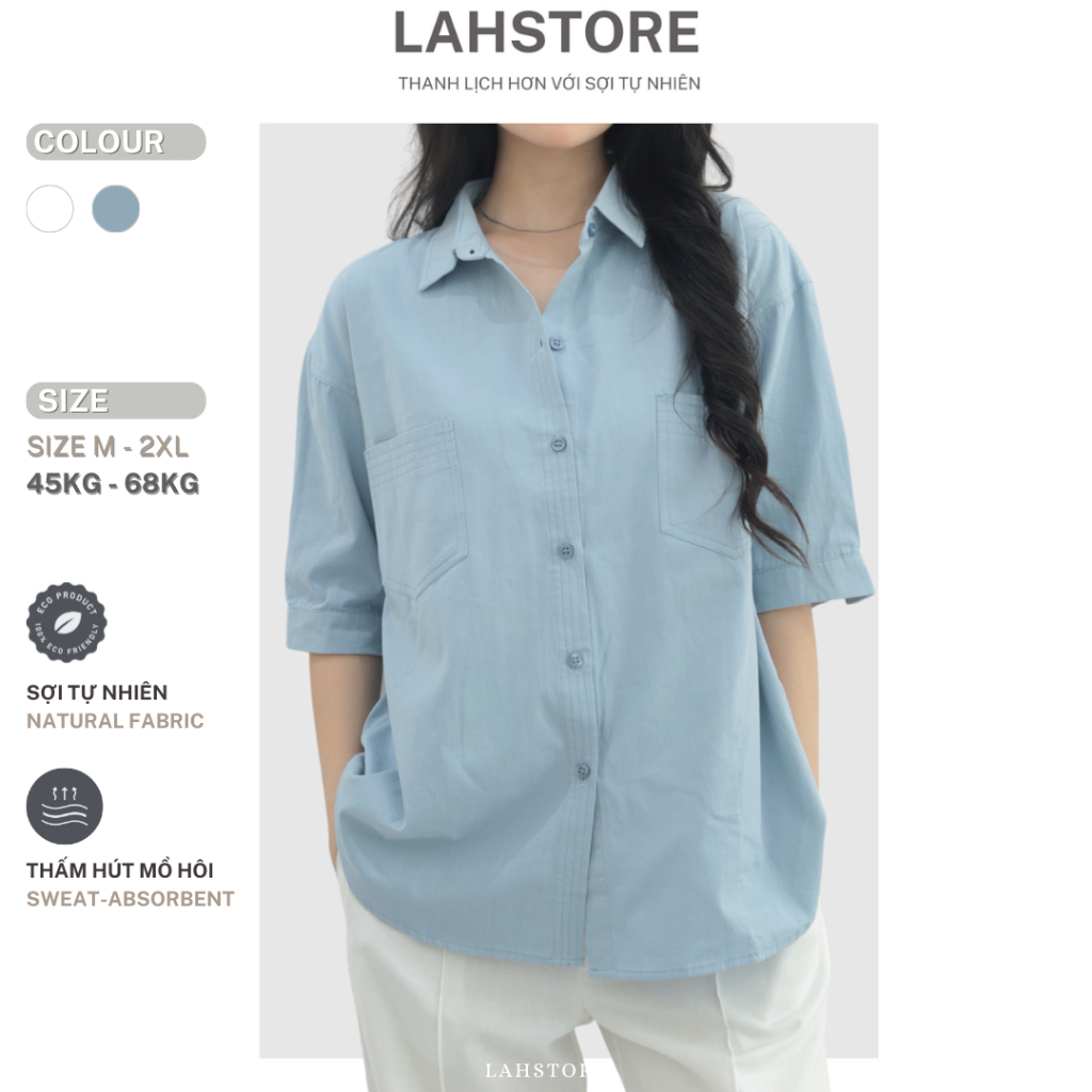 เสื้อสตรีทรงหลวมทรงหลวมผ้าหยาบเยอรมันโบราณ2กระเป๋าอก ลาสโตร์ (สีฟ้า,สีขาว)