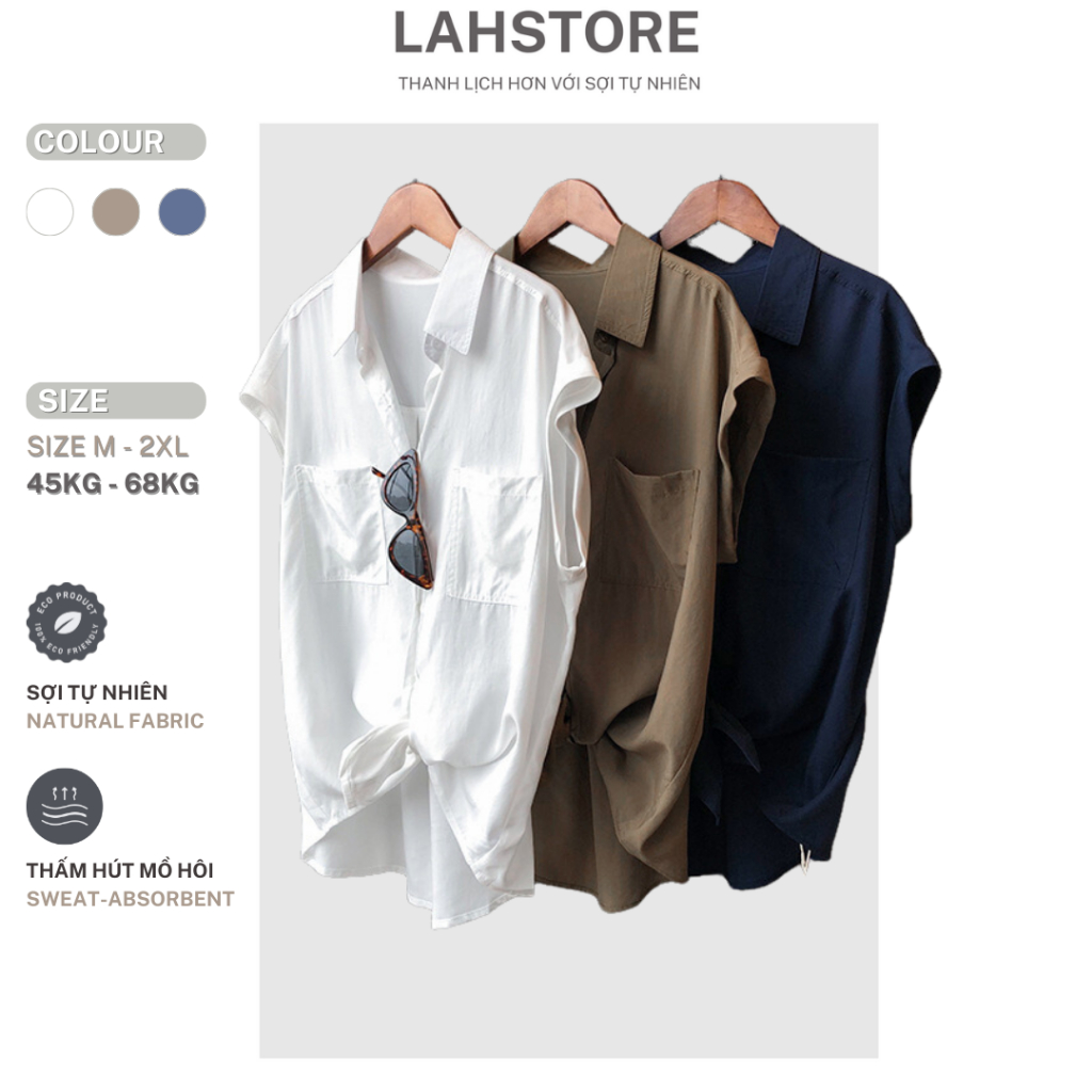 LAHSTORE เสื้อเชิ้ตแขนสั้นผู้หญิงทรงหลวมผ้าลินินมีกระเป๋าอกลดวัยสองคน ASM10 (สีขาว, สีน้ําเงินเข้ม, สีเขียวมอส)