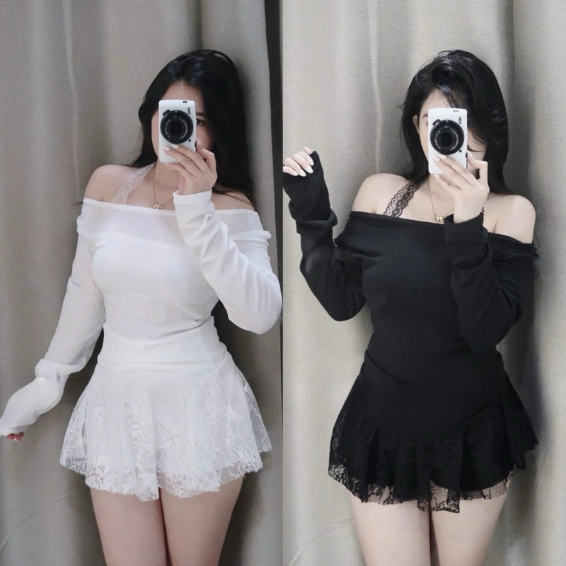 [ส2.2034] ชุดเสื้อกันหนาวกระดาษเปิดไหล่ 3 ชิ้นพร้อมเสื้อลูกไม้เกาะอกผสมกระโปรงลูกไม้บาน 2 สี (มีซับใน)