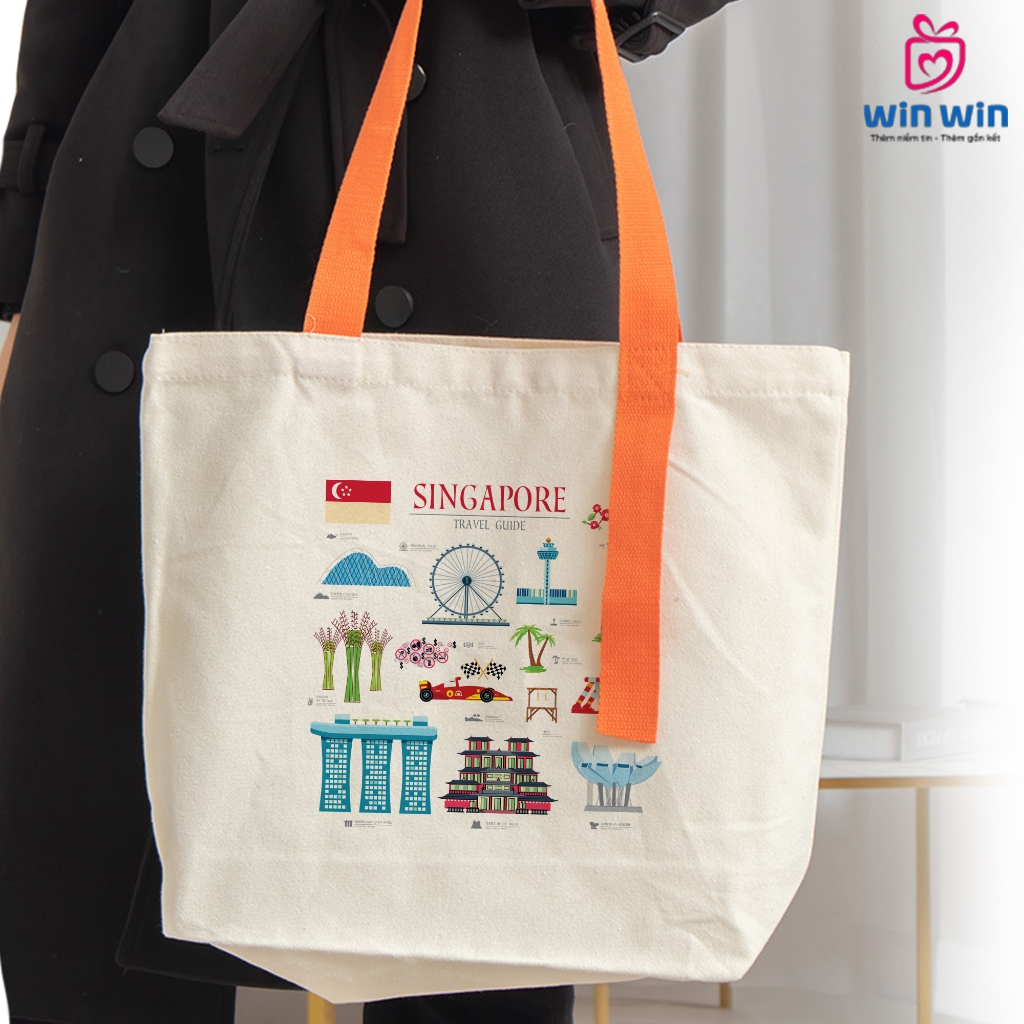 Win Win Tote Bag พิมพ์ลาย Beauty Singgapo Stylish Straps (33x38x10cm) - มีสไตล์และไม่ซ้ําใคร!