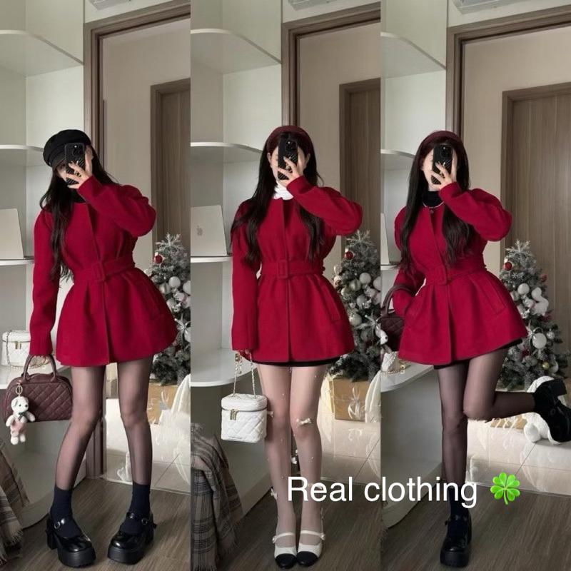 (ready) RED TAT DRESS WITH BELT ROUND NECKLACE WITH PANTS - 2 ชั้นหนา - พร้อมแผ่นรองไหล่คุณภาพสูง