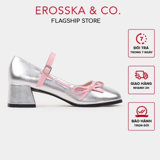 Erosska - Giày cao gót nữ mũi tròn phối nơ phong cách dễ thương cao 5cm màu đen - EP018