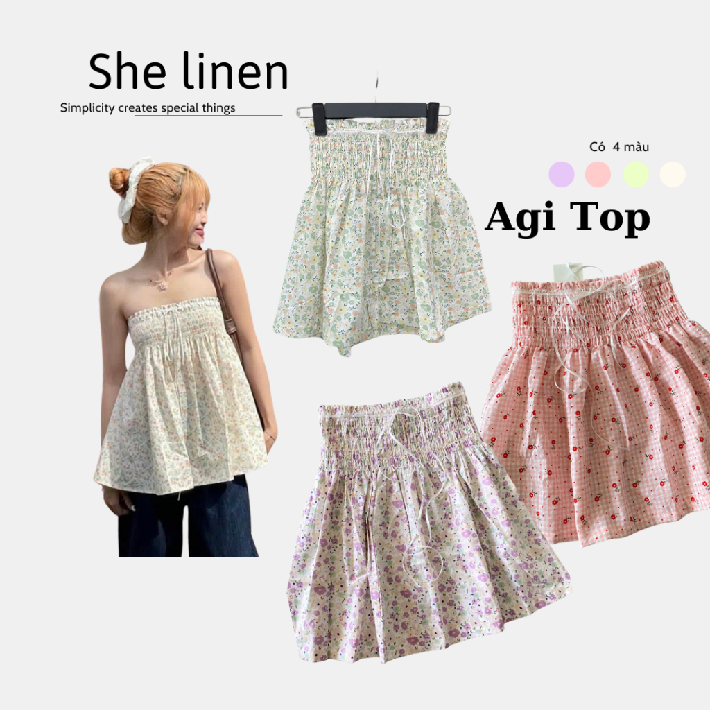 Agi TOP- เสื้อสายเดี่ยวลายตารางหมากรุก เชผ้าลินินลาย Chunky Tube TOP