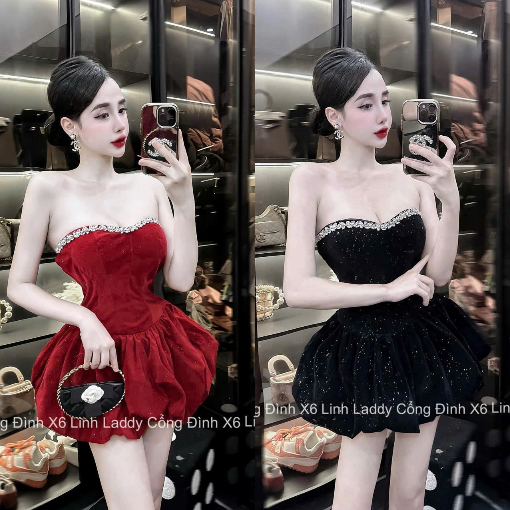เดรสสาวฮอตทรงอกพองและอกเสริมฟองน้ําตัดขอบหินสดใสเน้นๆผ้ากํามะหยี่หนาคุณภาพสูง