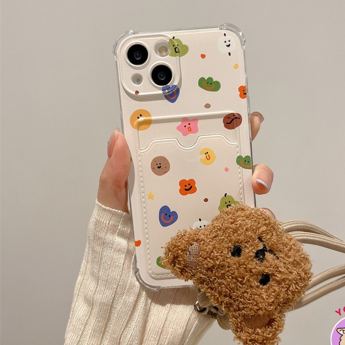 เคสไอโฟนลายตลกพร้อมสายหมีสีน้ําตาลกระเป๋าสตางค์บัตรที่ใส่ภาพสําหรับ ไอโฟน 11 15 14 13 12 xsmax เอ็กซ์อาร์ 6 7 8 บวก กะรัต030-เคสบ้าน