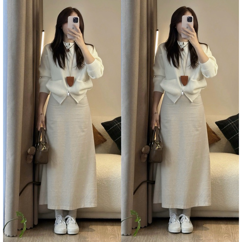 (OLDSCHOOL PHOTO) กระโปรง LINEN ยาว 88 ซม. มีซับใน