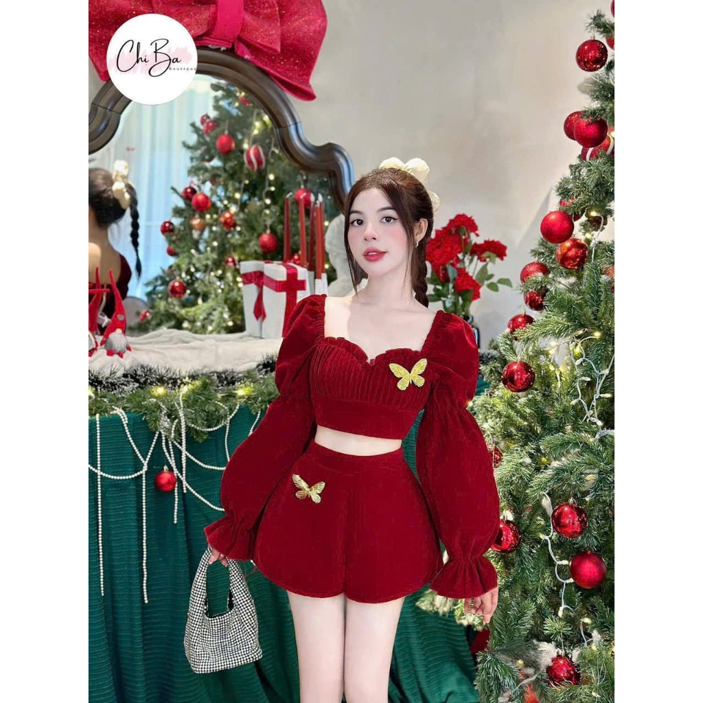 หรูหราออกแบบคริสต์มาส ชุดผ้ากํามะหยี่แข็งพร้อมอุปกรณ์เสริมที่สวยงามแขนยาวกางเกงขาสั้นมินิสุดน่ารัก