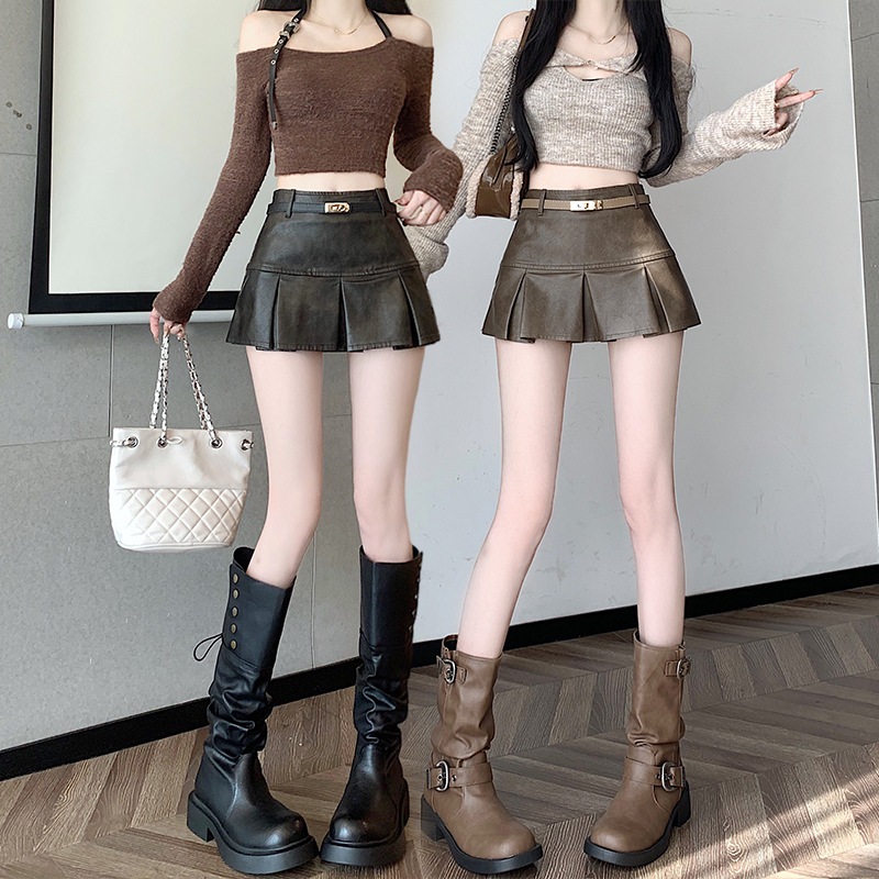 กระโปรงหนังจีบสั้นหรูหรา,กระโปรงจีบหนัง Pu Y2K ทําจากหนังนุ่มและเรียบประเภท 1 SK33
