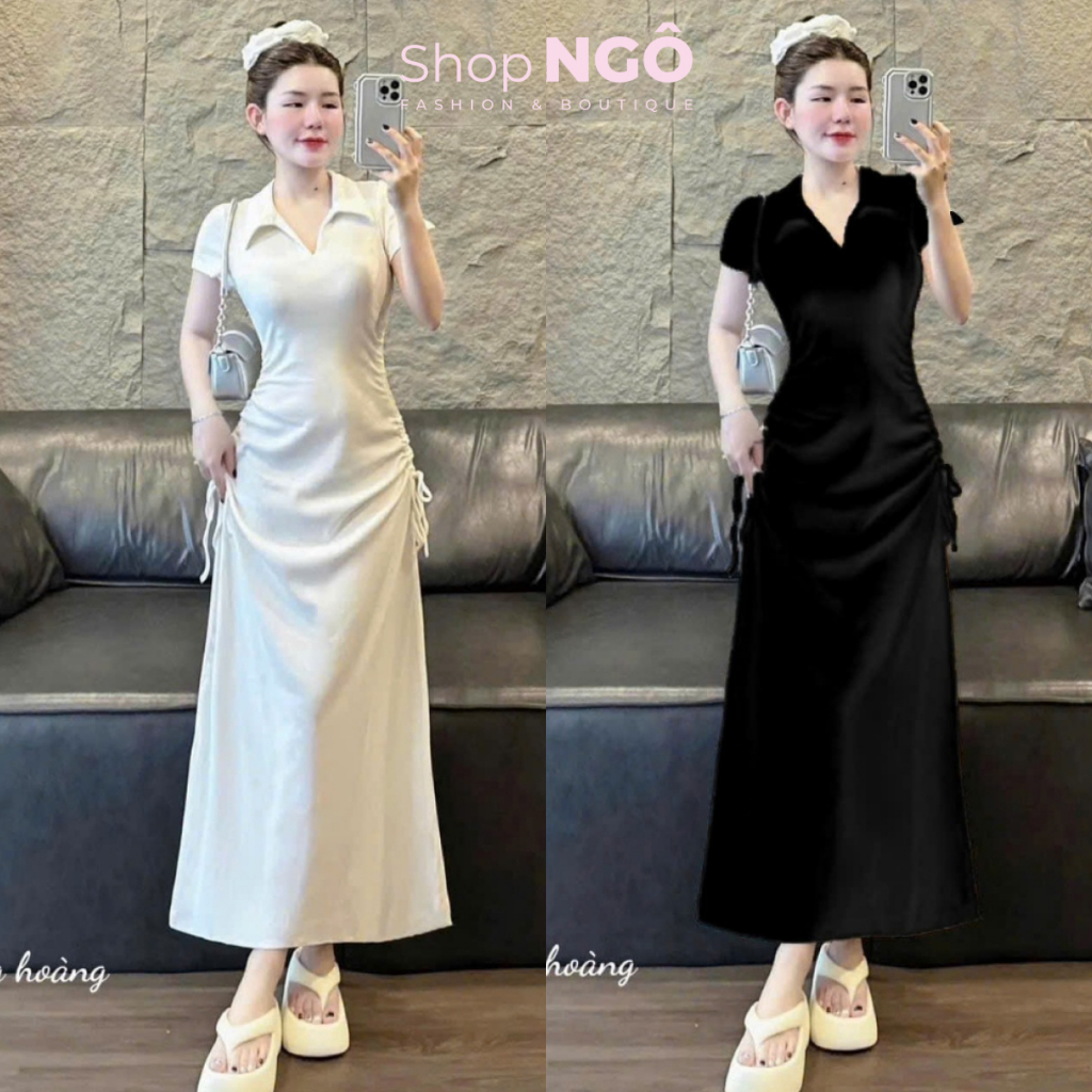 เดรสยาว - เดรสดีไซน์แฟชั่นสตรีเพื่อแบนหุ่นและขับผิว 2 สีสวยมากสําหรับเธอ เดรสยาวจั๊มคอโปโลและเชือก