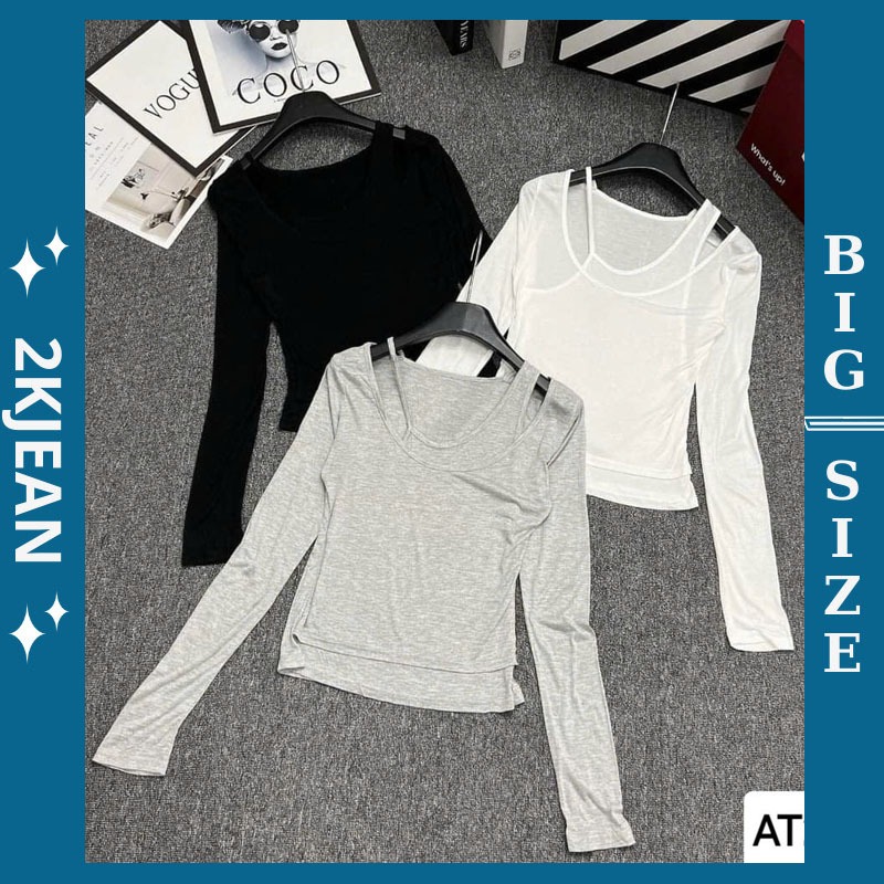 เสื้อยืดแขนยาว 2 ชั้นผู้หญิง 2KJeans Bigsize 55kg-85kg เสื้อยืดแขนยาวทําจากผ้าฝ้ายบุปคุณภาพสูง AT246