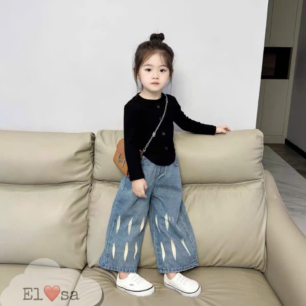 เสื้อผ้าเด็กผู้หญิง - เสื้อเชิ้ตสีดําแขนยาวสุดน่ารัก + ชุดยีนส์ลงสําหรับเด็กอายุ 1-8 ปี