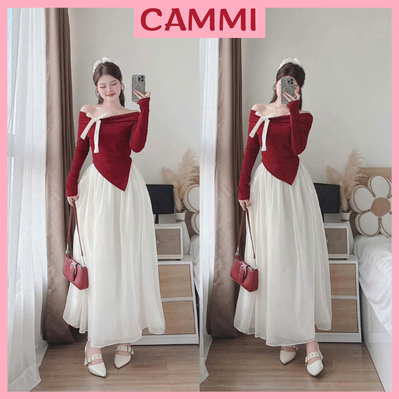 ชุดเสื้อเปิดไหล่แนวทแยงสีแดงมีโบว์ + กระโปรงผ้าชีฟองยาว Tieu Thu เพื่อสวมใส่สําหรับคริสต์มาส HB832